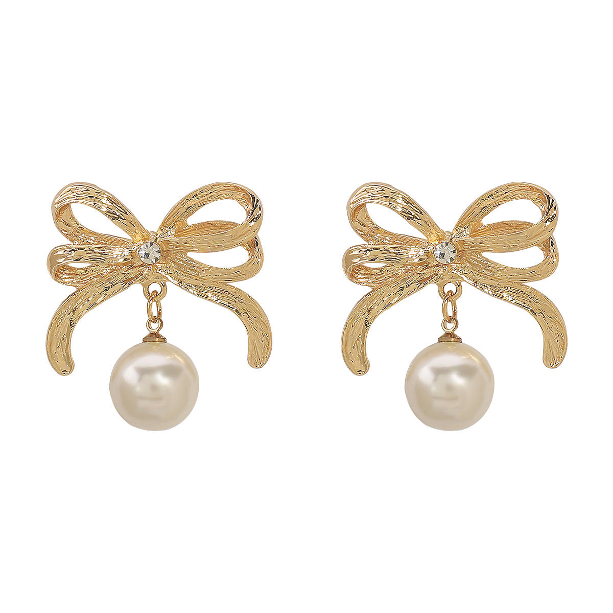 Lindos aretes de aleación con forma de moño, diseño minimalista, con perlas de imitación y detalles de diamantes de imitación