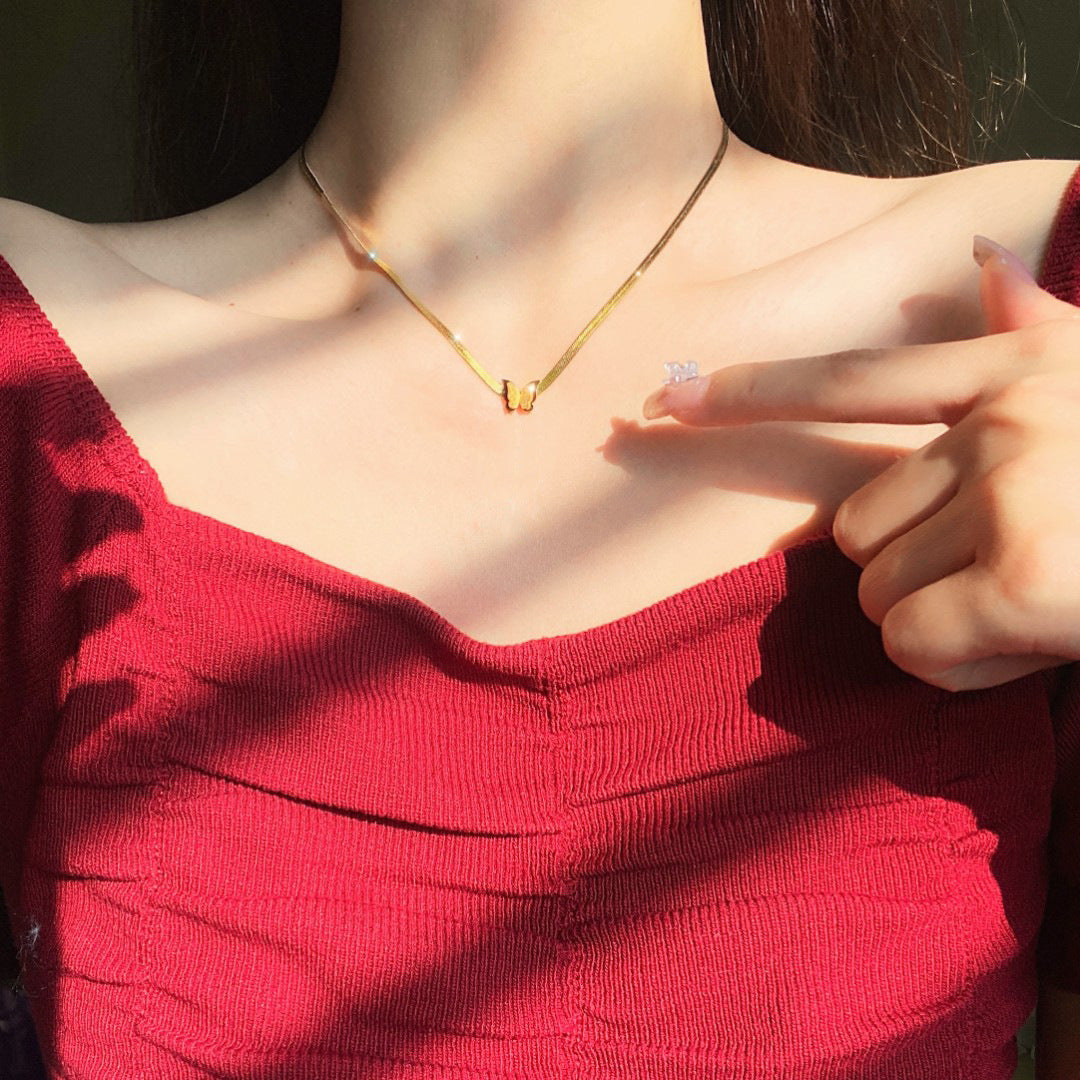 Minimalist 18K Gold Plated Titanium Steel Butterfly Pendant Snake Chain Necklace for Women