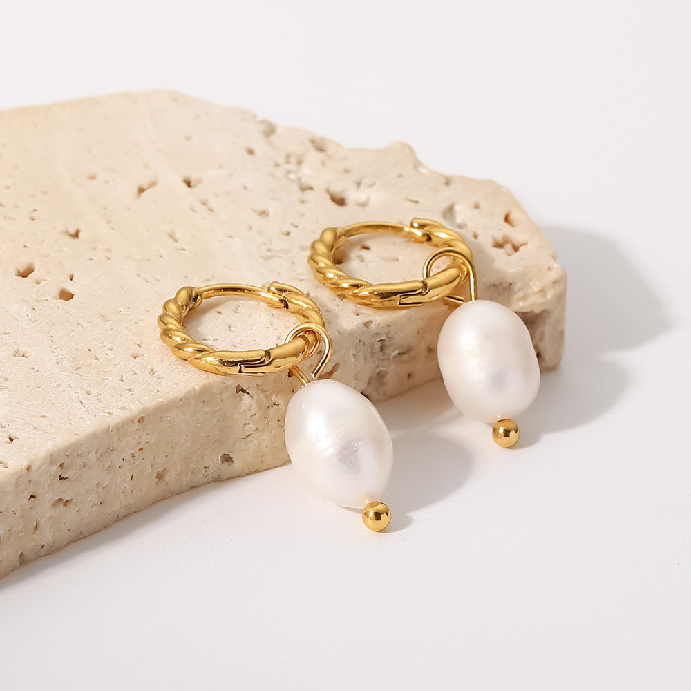 Geometric Stainless Steel Earrings with Freshwater Pearl Accents and 18K PVD Gold Plating for Women