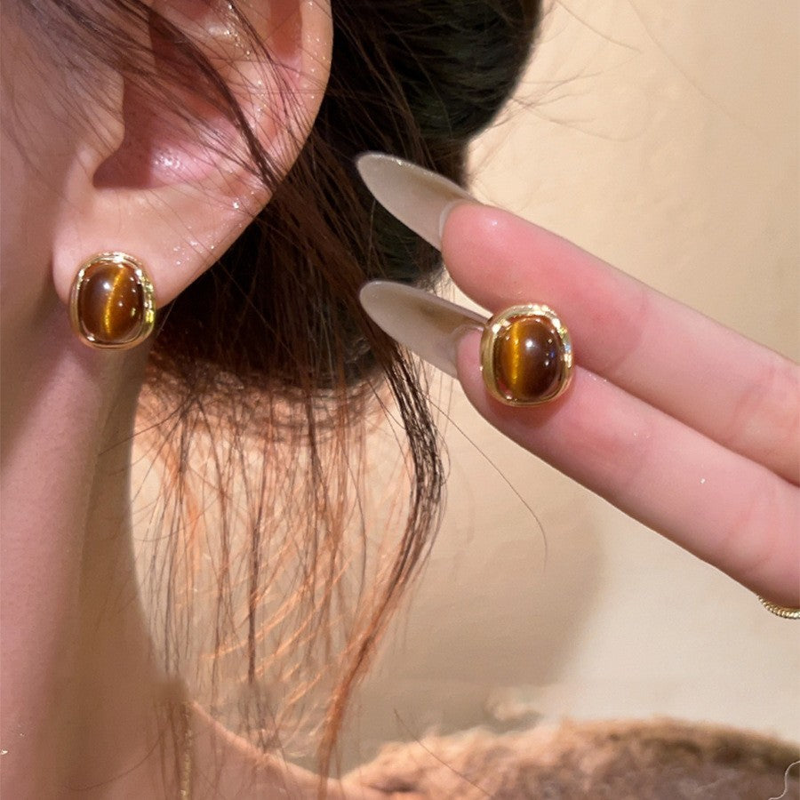Orecchini a perno in acciaio al titanio con forme geometriche, zirconi e occhio di tigre, da donna, stile minimalista di lusso per l'ufficio e l'uso quotidiano