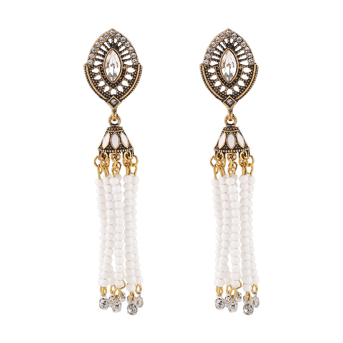 Pendientes de borlas geométricos bohemios con diamantes de imitación y base de aleación chapada para mujer