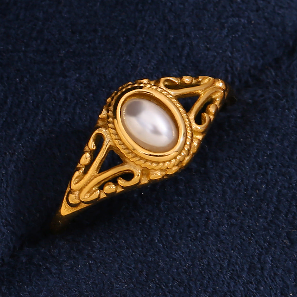 Anello da donna in acciaio inossidabile placcato con perla, motivo floreale geometrico, stile minimalista ed elegante
