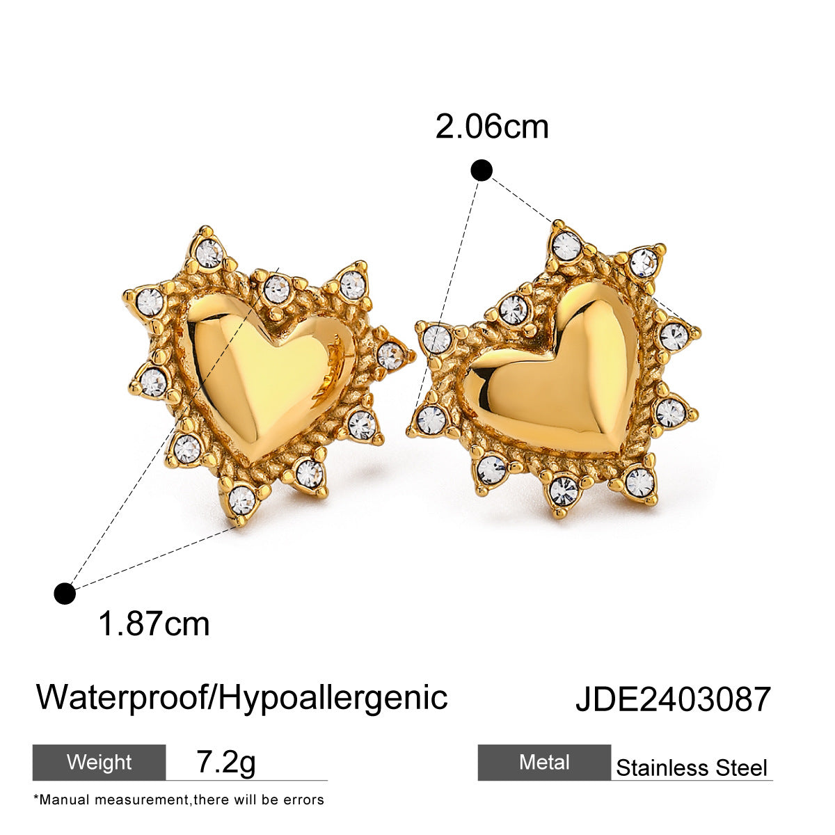 18K Gold Plated Heart Rhinestone Stainless Steel Earrings for Women