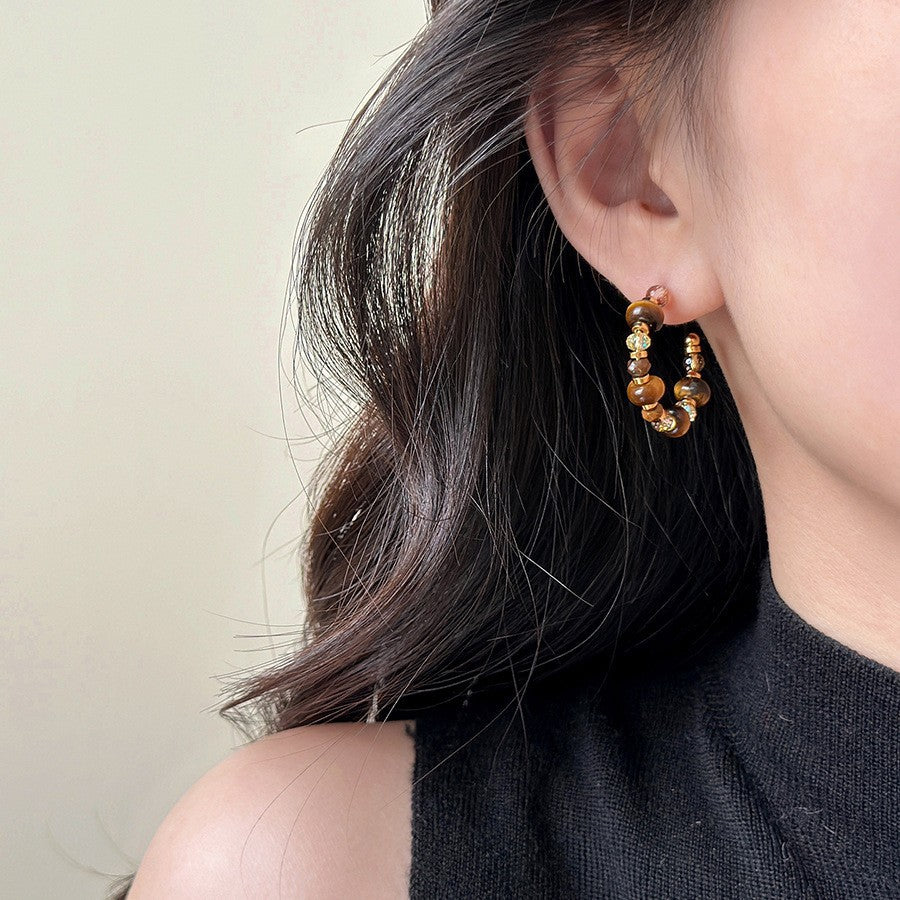 Pendientes de tuerca geométricos de ojo de tigre chapados en bronce mate para mujer, joyería de lujo minimalista artística vintage