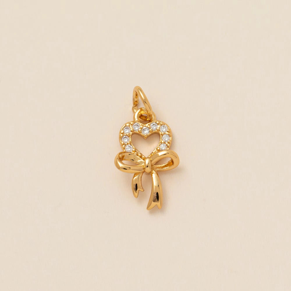 Minimalist Vintage 18K Gold Plated Brass Heart Bow Drip Oil Cubic Zirconia Charm Bar