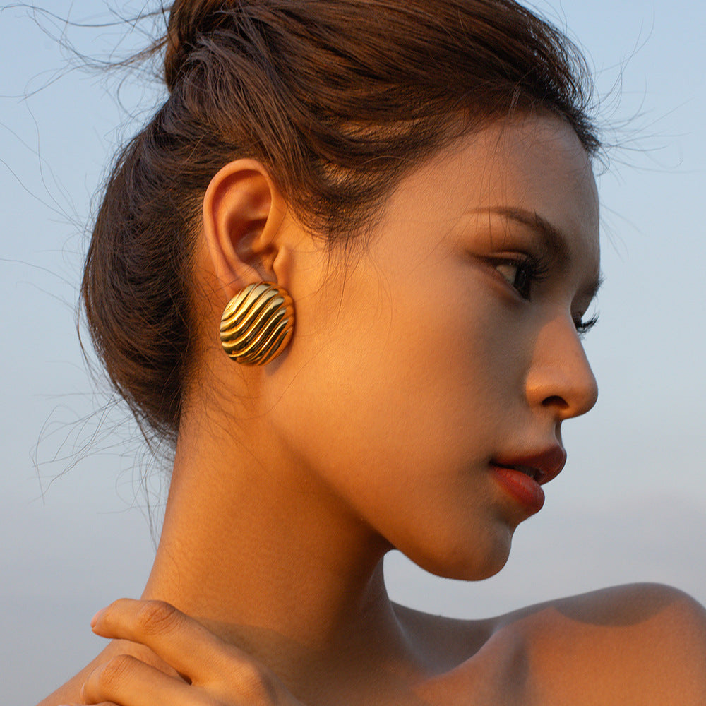 Geometric Stainless Steel Earrings with 18K Gold Plating and Textured Grid Pattern for Women