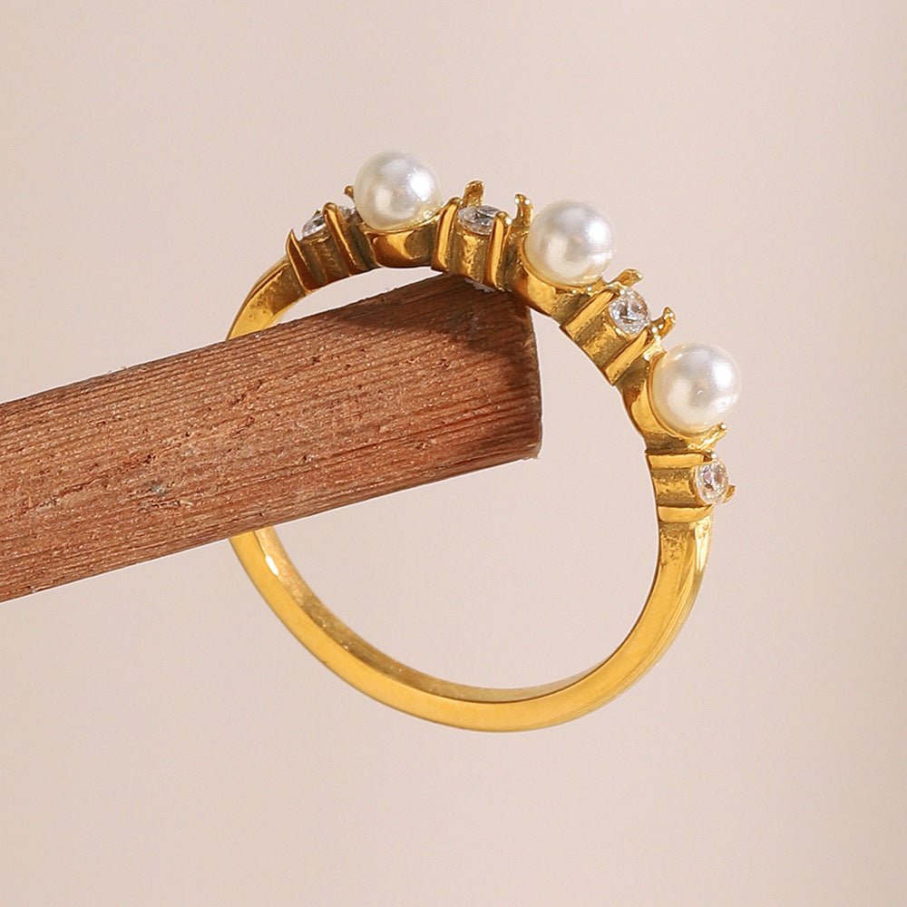 Minimalist Geometric Stainless Steel Plated 18K Gold Ring with Simulated Pearl and Zirconia for Women