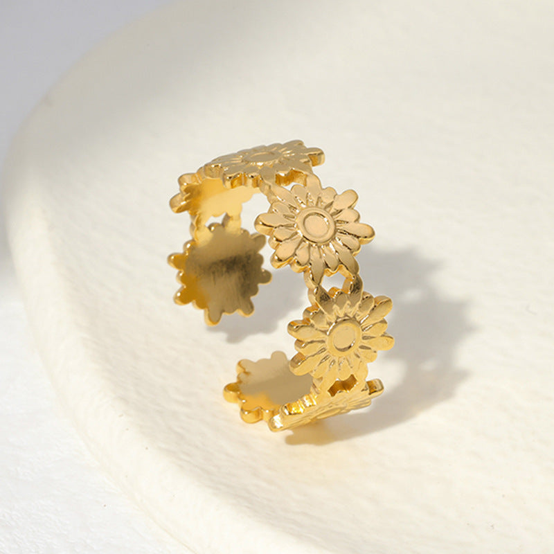 Minimalist 18K Gold Plated Stainless Steel Open Ring Floral Design Women Jewelry