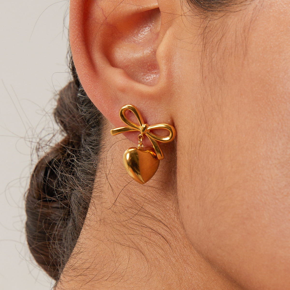 Sweet Two-Tone Heart Butterfly Knot Plated Stainless Steel Earrings for Women