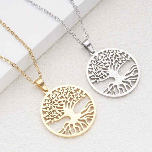 Collar minimalista con colgante de árbol de la vida hueco para mujeres y hombres en acero inoxidable con dije de titanio y acabado chapado