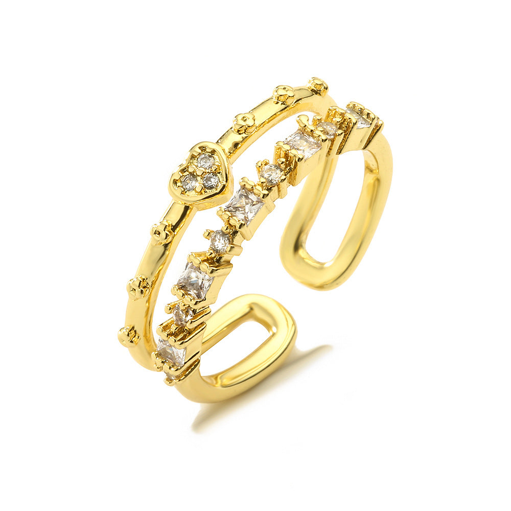 Anello da donna minimalista a forma di cuore geometrico in rame placcato oro con zirconi micro-pavé