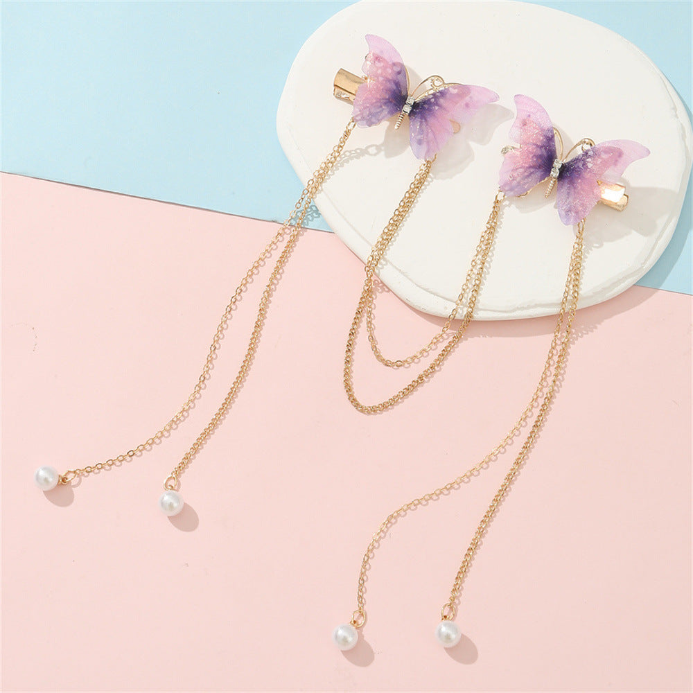 Ancient Chinese Style Butterfly Hairpin Set with Pearl Dangling Tassels for Girls, Metal Hair Clips with Delicate Flowing Fringe