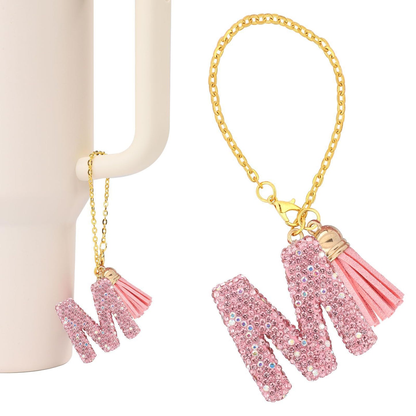 Minimalist Geometric Letter Ceramic Pendant with Gold Adjustable Chain Pink Tassel and Glitter Sequins