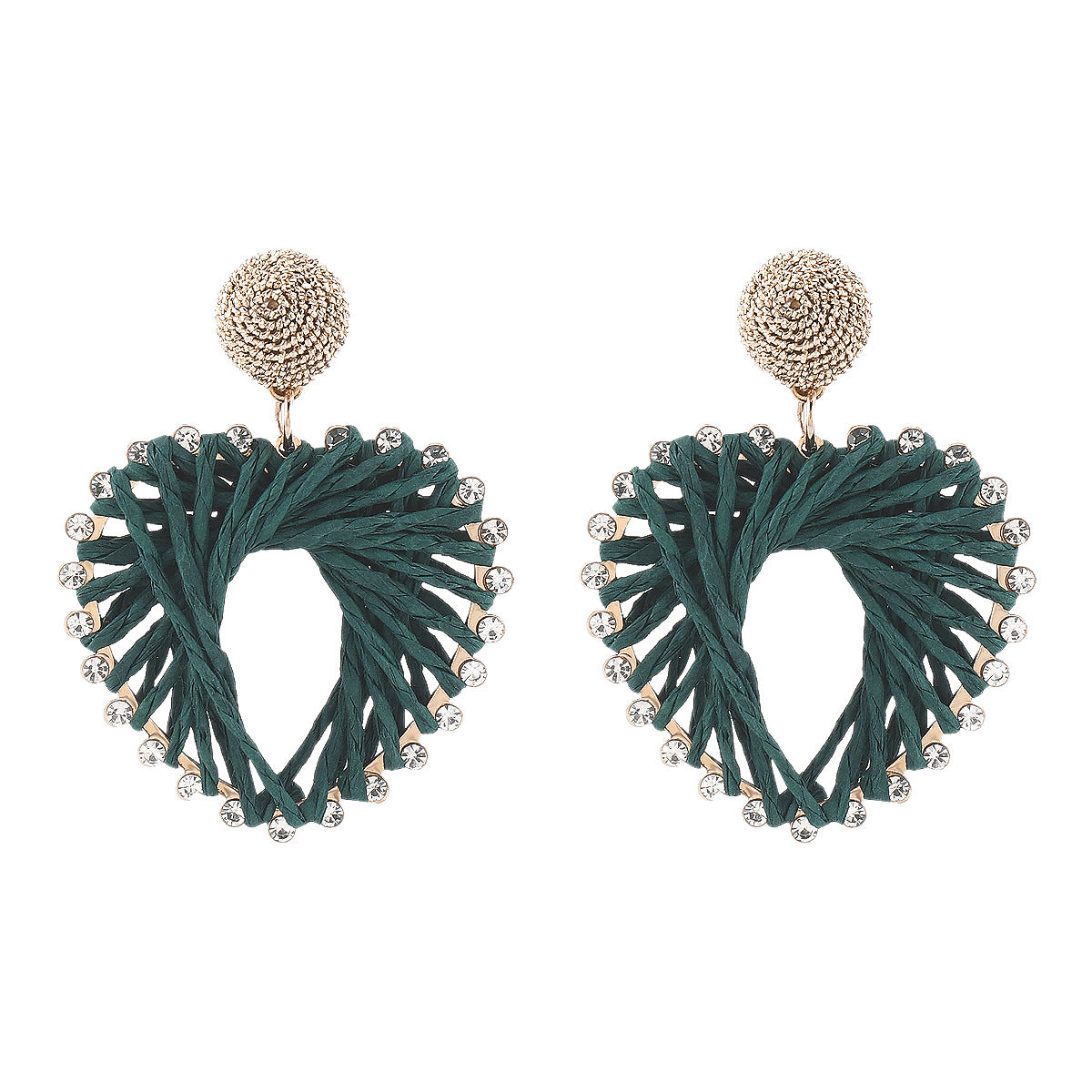 Orecchini Pendenti a Cuore in Rame Intrecciato Bohemien con Strass su Base in Lega