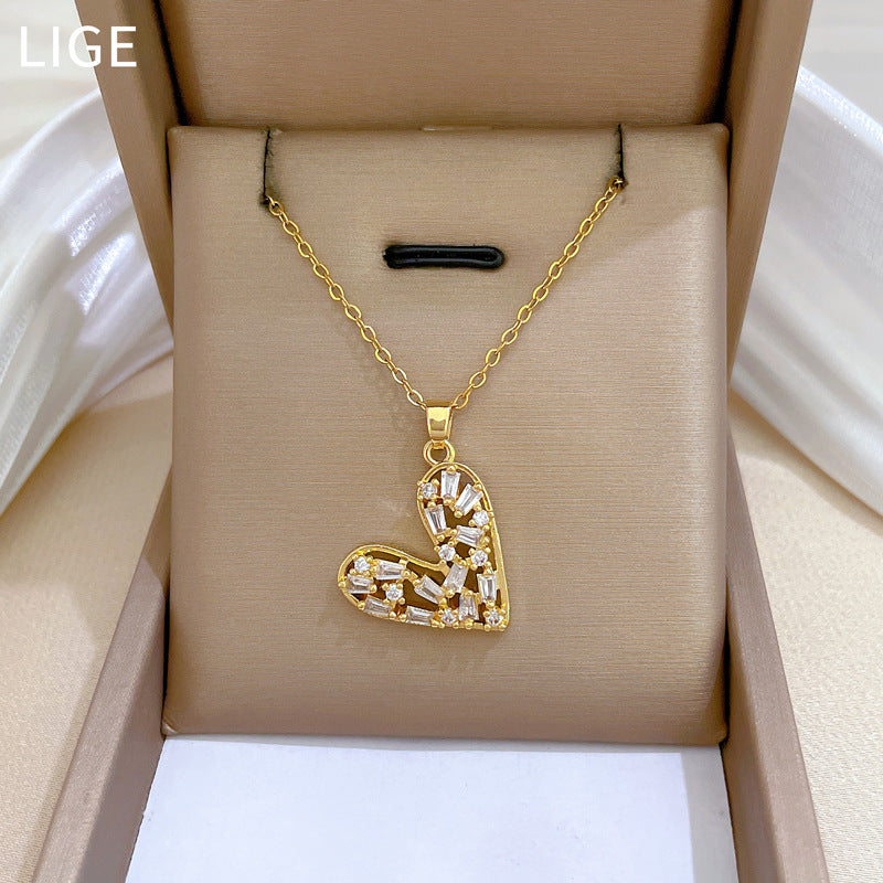 Collana da donna in acciaio al titanio con strass a forma di cuore cavo, con catena a medaglione delicata, gioielli minimalisti eleganti e versatili