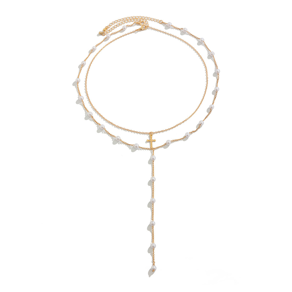 Collana con Ciondolo a Croce Geometrica Minimalista da Donna con Dettagli in Perle Sintetiche e Ciondolo in Lega Placcata su Catena Standard