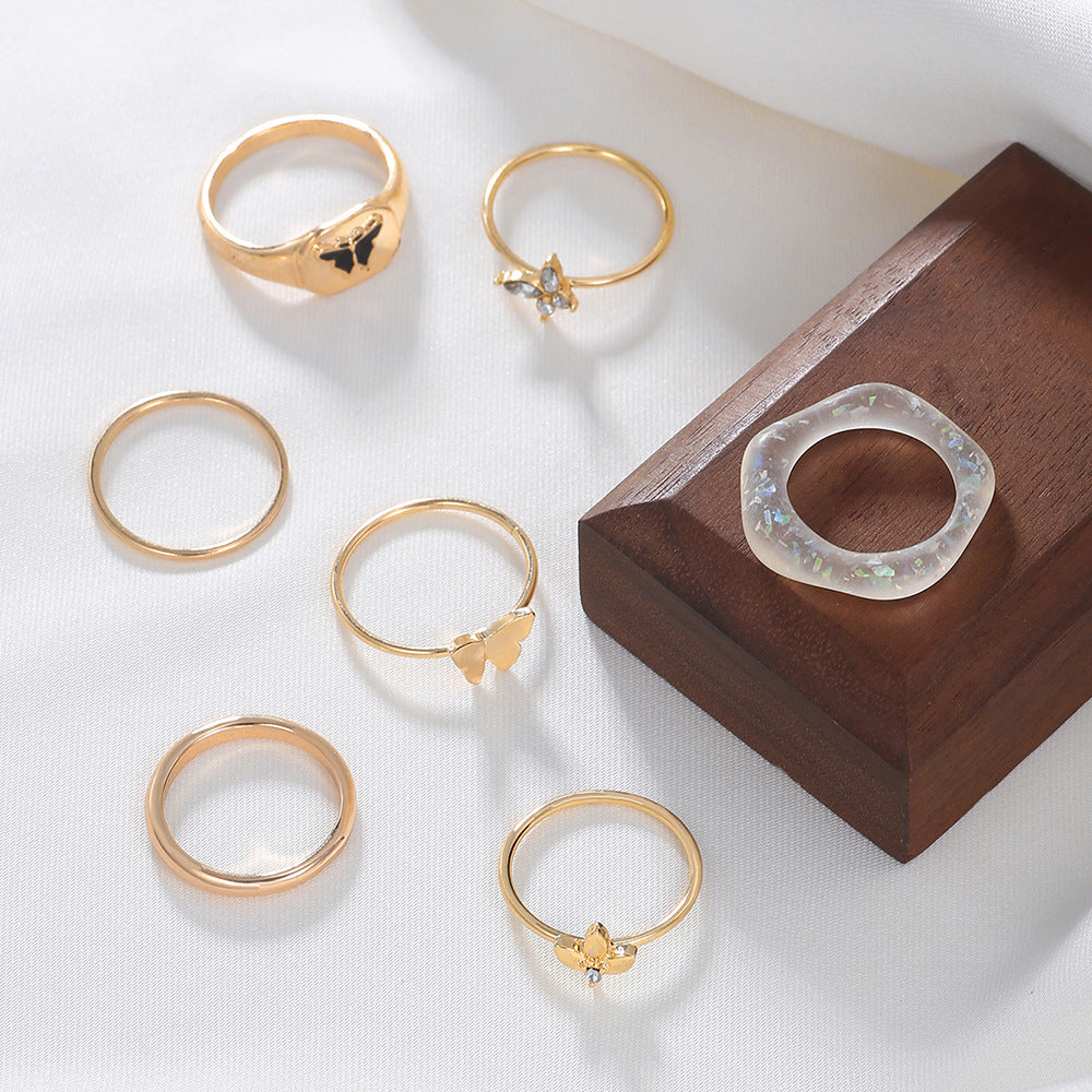 Sweet Streetwear Geometric Butterfly Drip Oil Crystal Inlay Alloy Acrylic Ring Set for Women