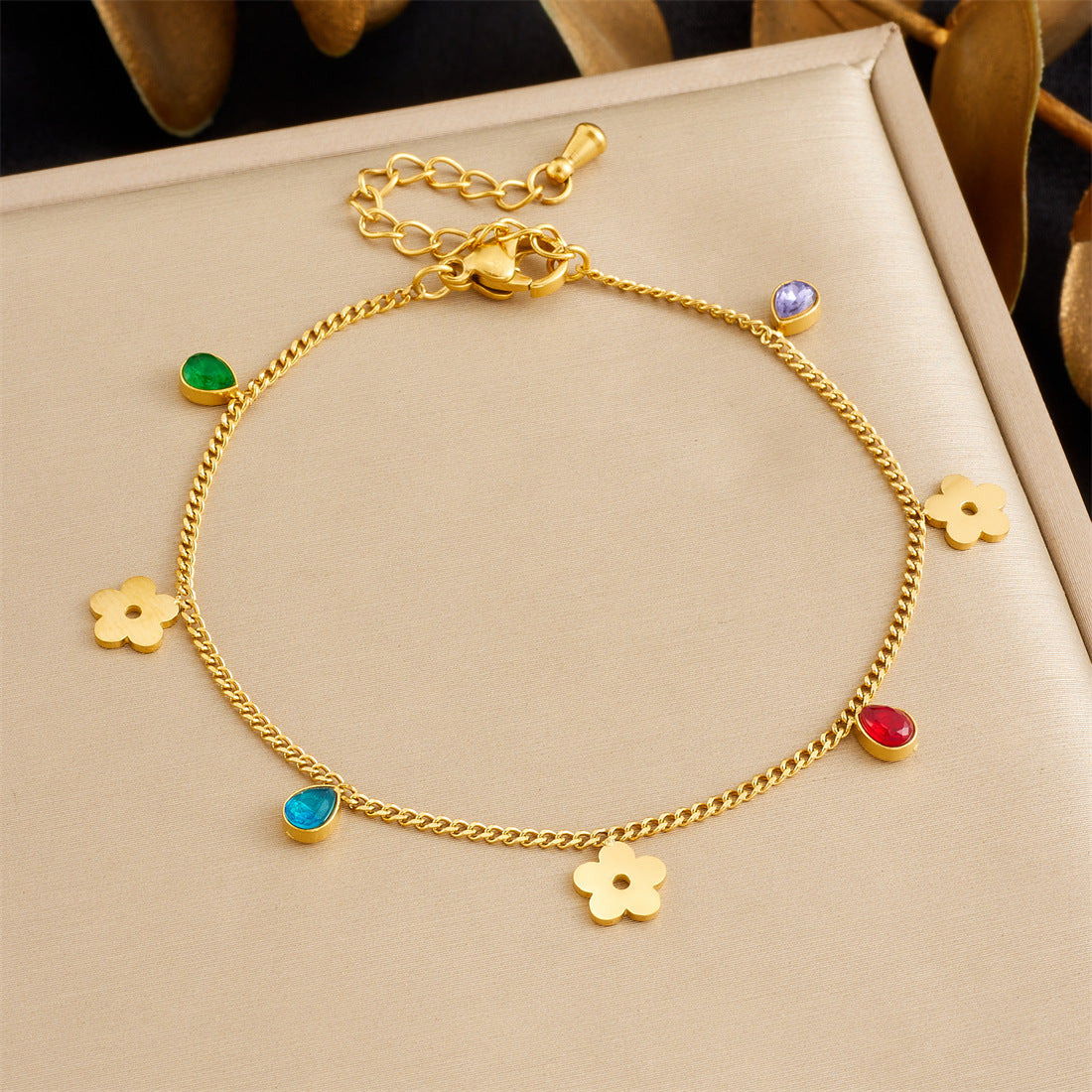 Minimalist Sweet Stainless Steel Drip Oil Plated Heart Floral Fruit Rhinestone Bracelet