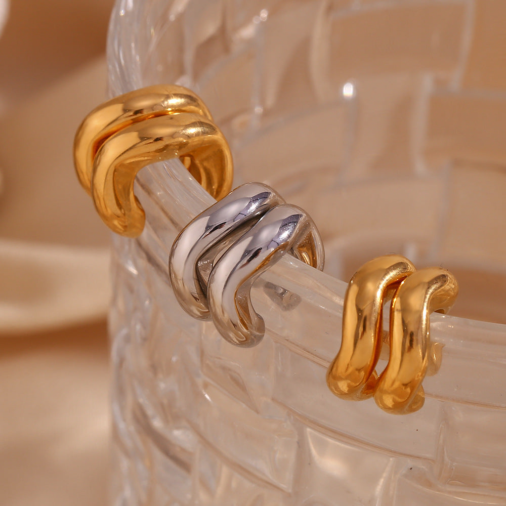 Minimalist Geometric Stainless Steel Ear Clips with 18K Gold Plating Thick C-Shaped Cutout Design for Women