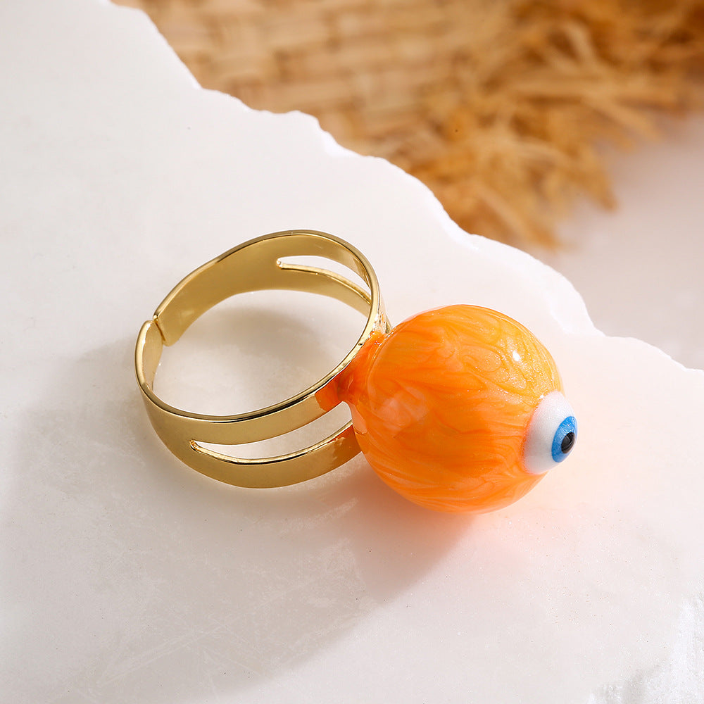 Fashionable Adjustable Evil Eye Ring for Women in Copper with Enamel Finish Geometric Design