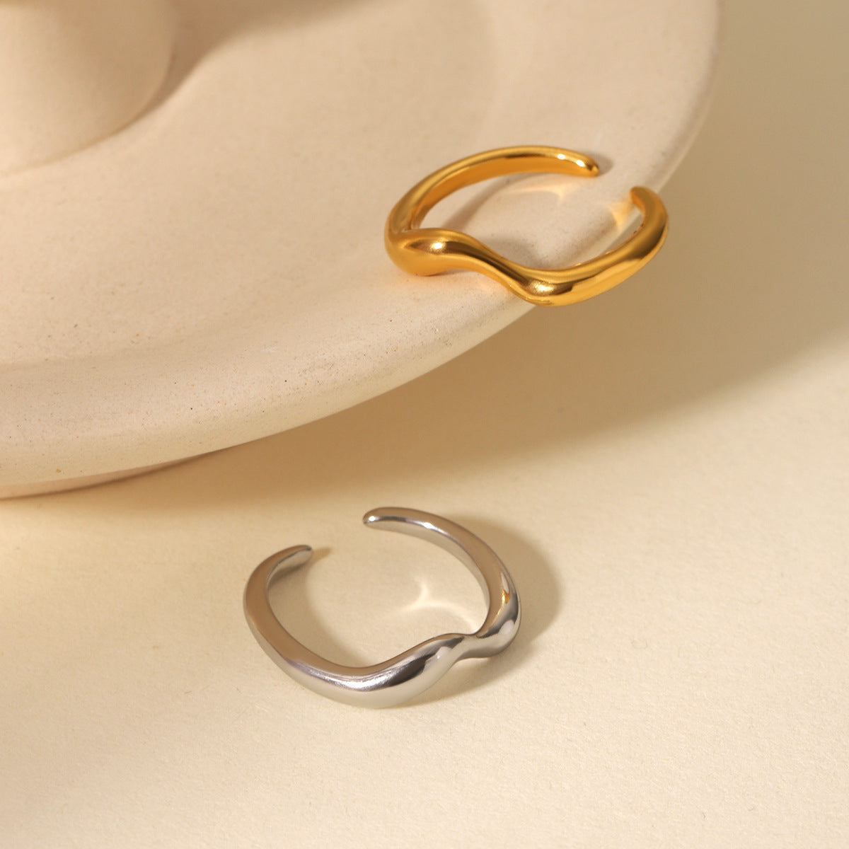Minimalist Wave-Shaped Stainless Steel Open Ring for Women with Plated Finish and Ocean-Inspired Design