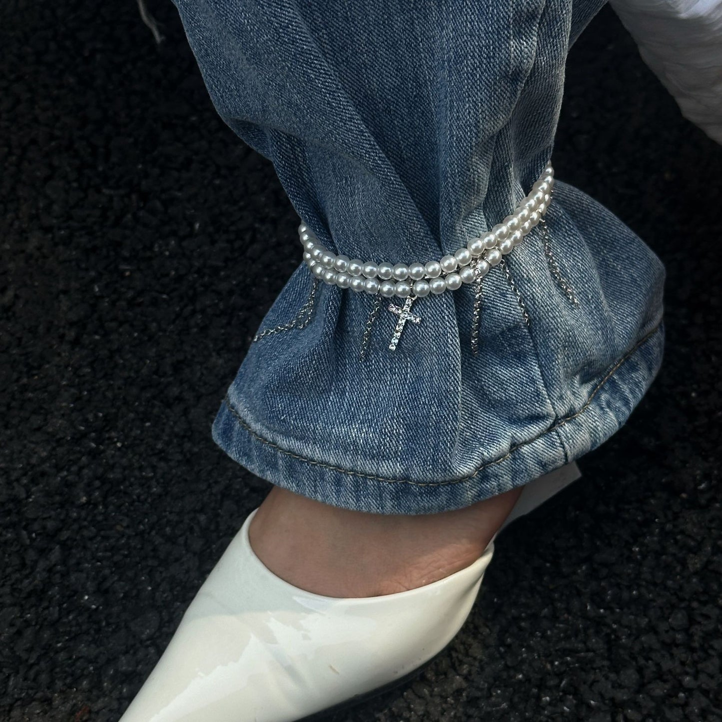 Minimalist Cross Beaded Imitation Pearl Rhinestone Ball Chain Anklet for Women