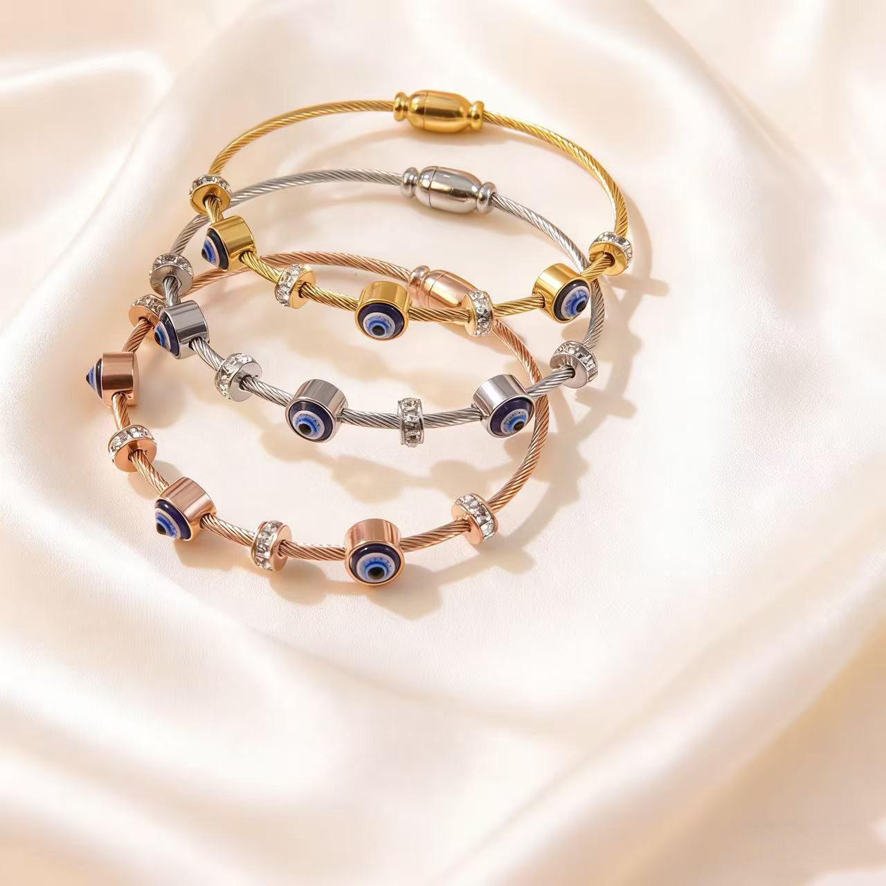 Vintage 18K Gold Plated Titanium Steel Drip Oil Evil Eye Bracelet with Rhinestones