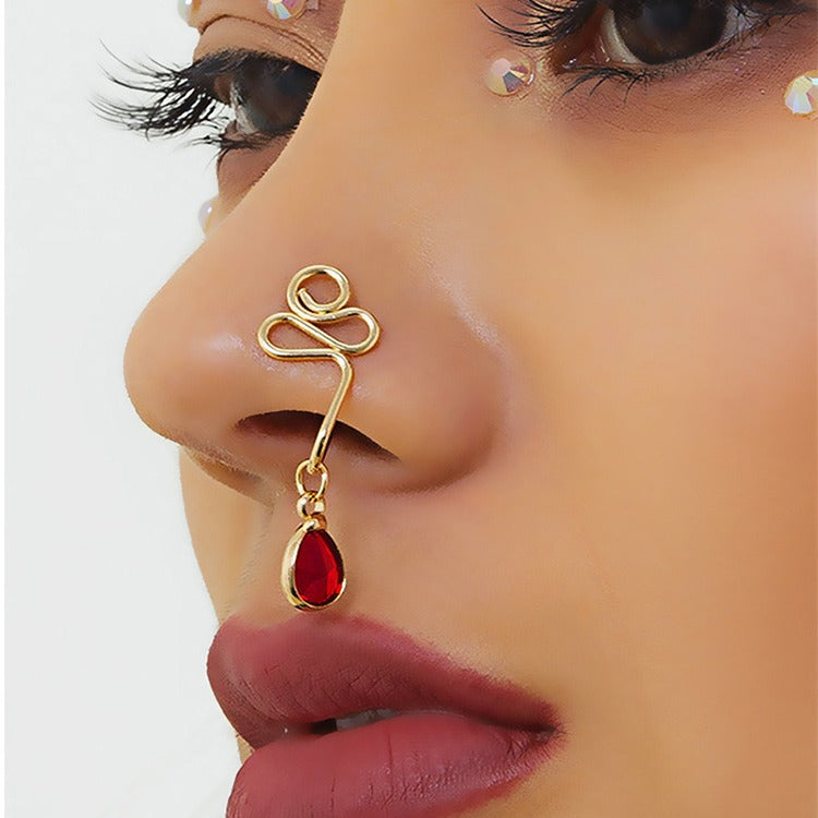 Minimalist Geometric Teardrop Star Moon Brass Plated Nose Clip with Turquoise Inlay for Women