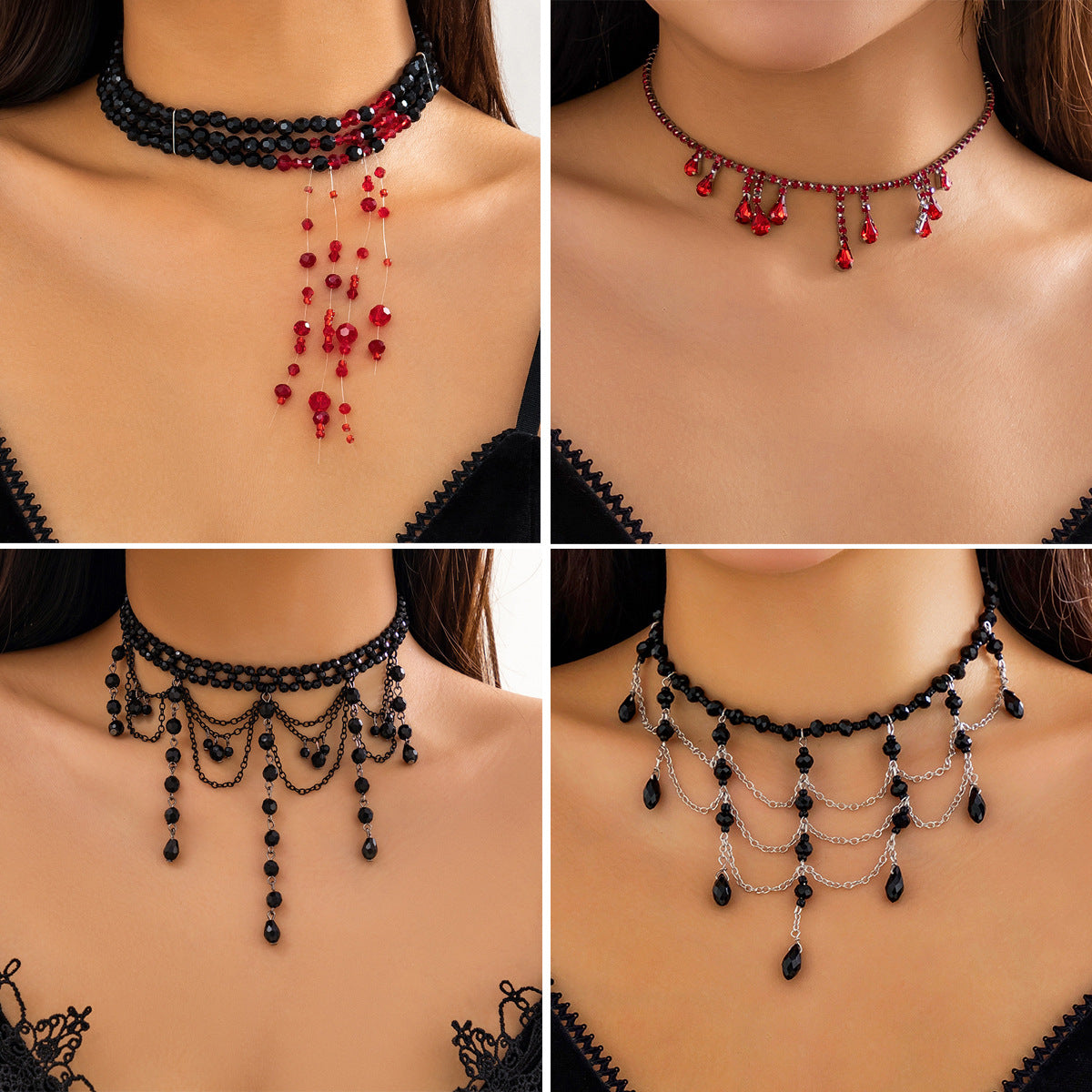 Gothic Red Teardrop Crystal Beaded Choker Necklace with Tassel for Women