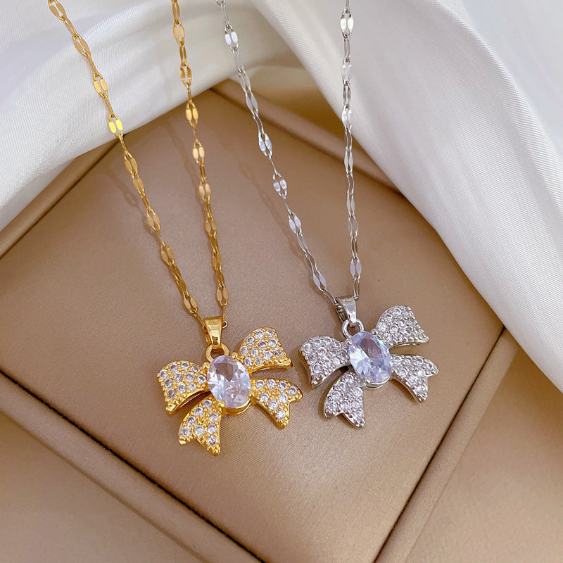 Luxury Micro-Paved Butterfly Pendant Necklace in Titanium Steel with Rhinestone Inlay for Women, Adjustable Chain 21-50 cm