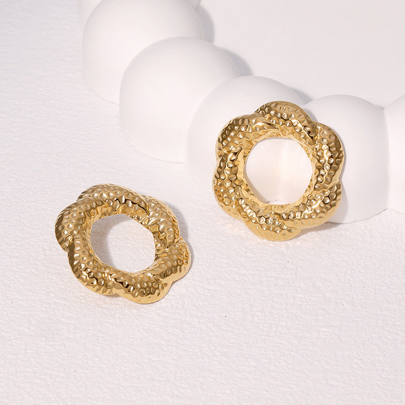 Fashion Geometric Hammered Floral Hoop 18K Gold Plated Stainless Steel Earrings for Women