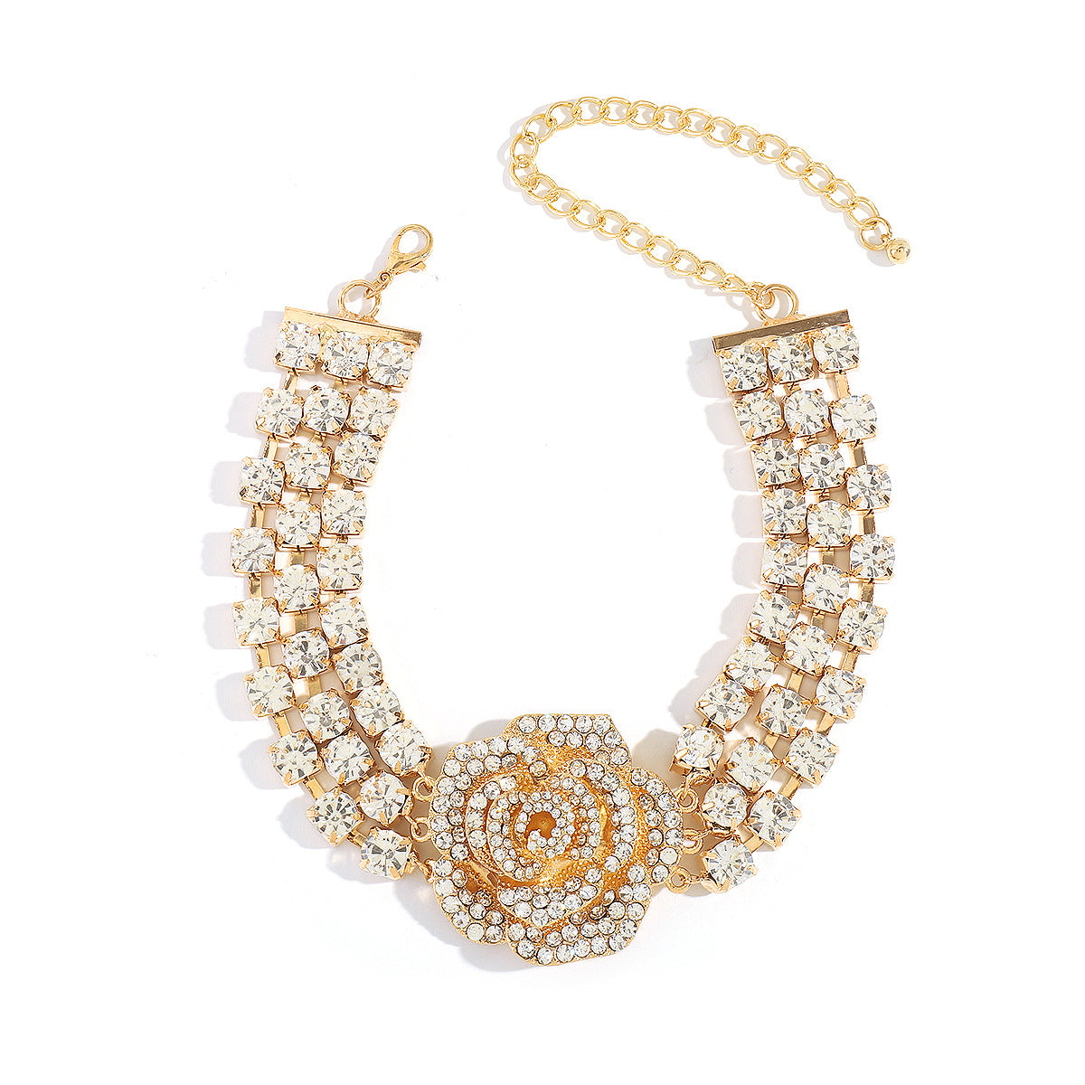Collar con colgante de flor de rosa 3D dulce y atrevido con incrustaciones de diamantes de imitación sobre base de resina, cadena a la altura de la clavícula para mujer