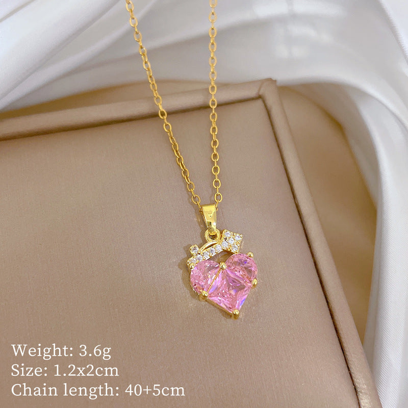 Collana Minimalista a Cuore in Acciaio al Titanio con Intarsio di Zirconi da Donna, Delicata Catena alla Clavicola