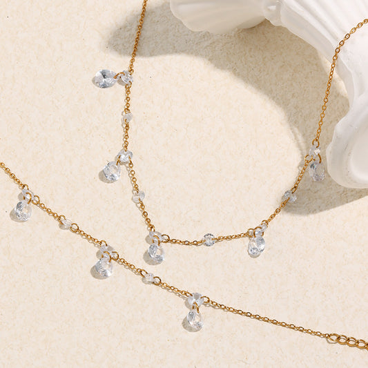 Minimalist Geometric Stainless Steel Plated 18K Gold Zircon Tassel Necklace for Women