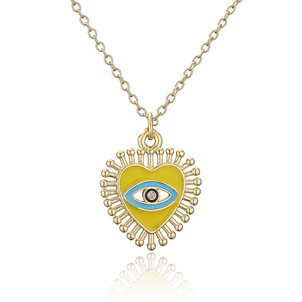 Drip Oil Heart Geometric Cubic Zirconia Inlay Brass Pendant Necklace with Cable Chain