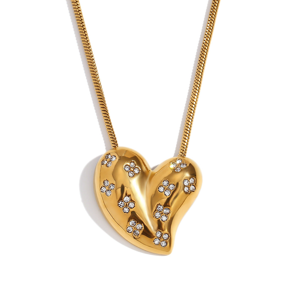 Vintage Style Heart-Shaped Stainless Steel Pendant Necklace with 18K Gold Plating and White Rhinestone Inlay for Women