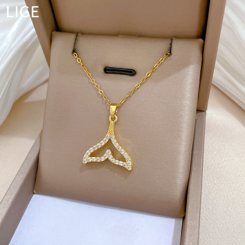 Sweet Minimalist Geometric Titanium Steel Necklace with Cubic Zirconia Inlay and Brass Pendant for Unisex