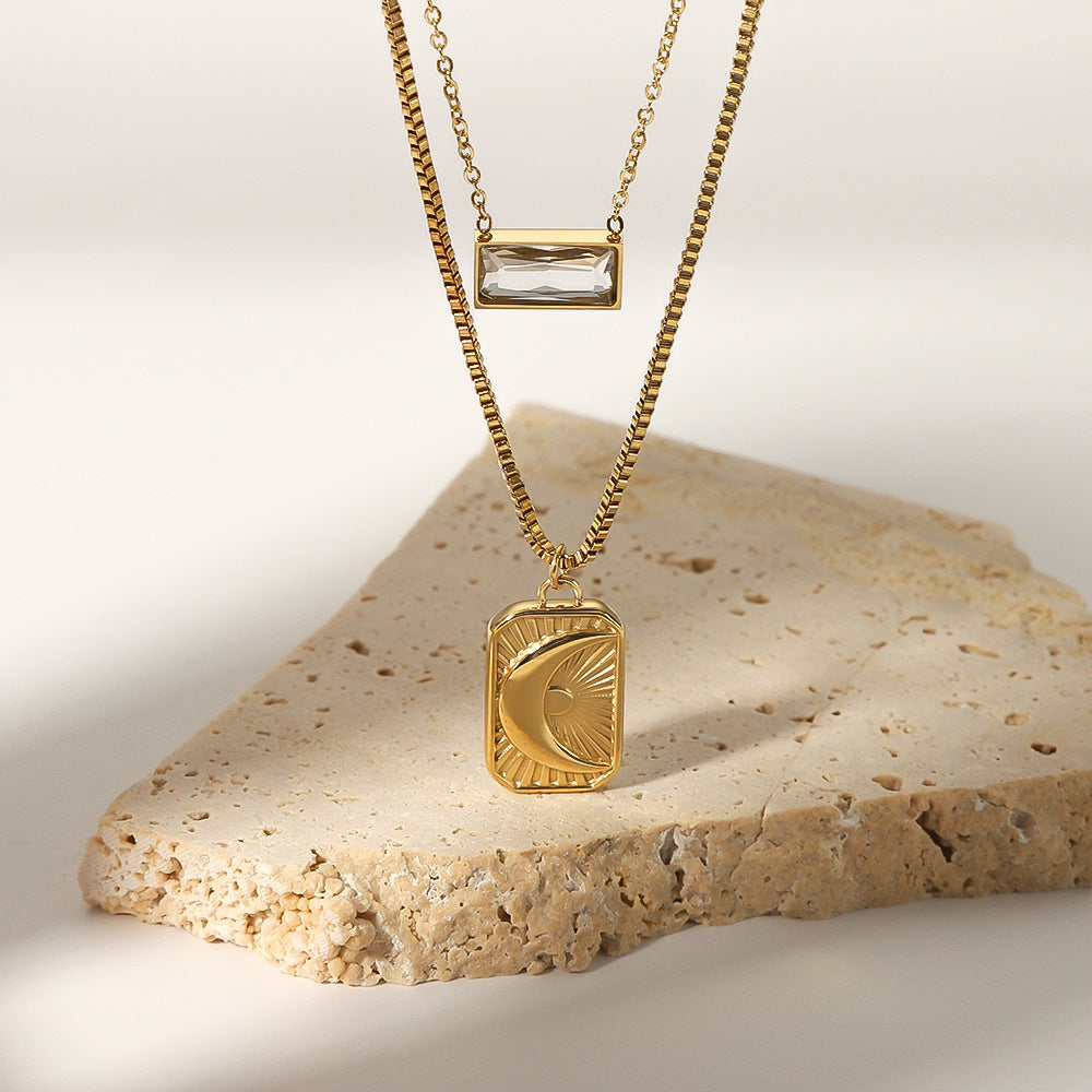Minimalist Moon and Sun Geometric Pendant Necklace in Stainless Steel with Rhinestone Inlay on O-Chain for Women