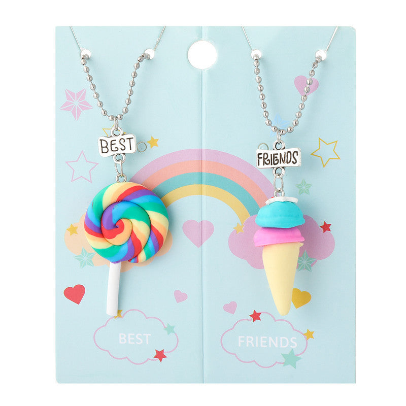 Collana con ciondolo a forma di gelato arcobaleno a cartoni animati per bambini, fatta a mano in argilla polimerica con catenina di perline