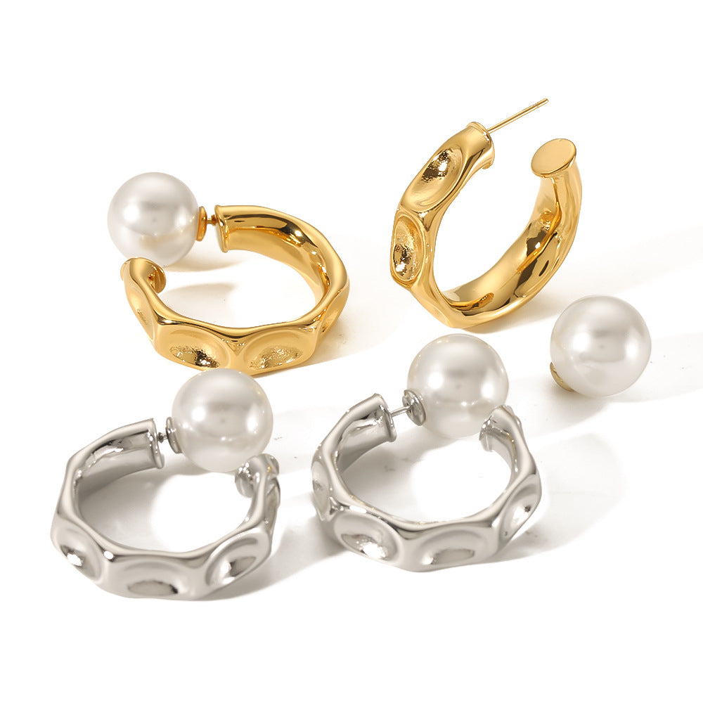 Minimalist Geometric Stainless Steel Ear Cuffs with 18K Gold Plating and Pearl Inlay for Women