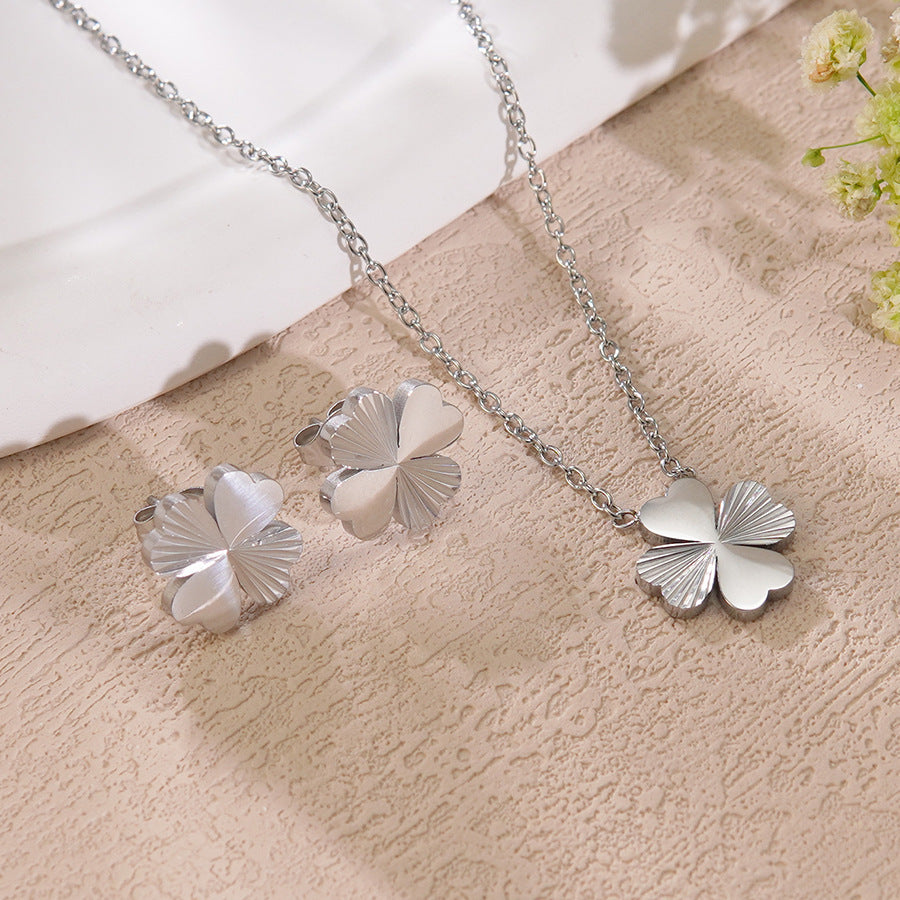 Vintage Plated Stainless Steel Plant Shape Floral Necklace and Earring Set with Cable Chain for Women