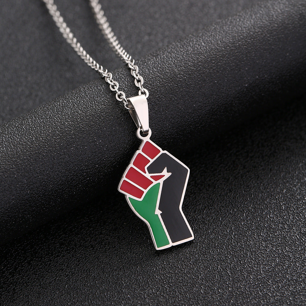 Geometric African Fist Symbol Pendant Necklace in Stainless Steel with Titanium Steel Charm, Electroplated O-Chain, Unisex Fashion Accessory