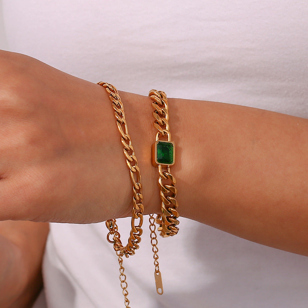 Bracciale a catena cubana geometrico alla moda in acciaio inossidabile da donna con placcatura in oro 18 carati e inserti in zirconi