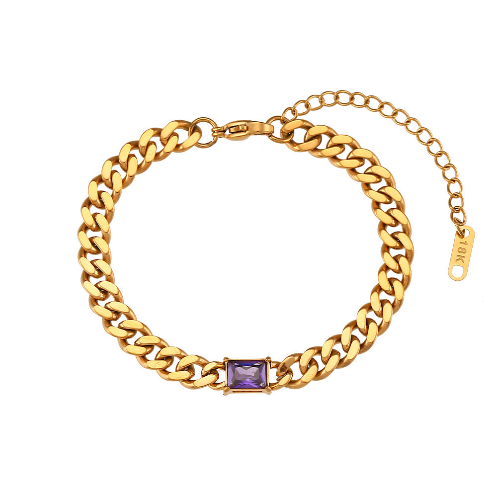 Minimalist Geometric Stainless Steel Plated 18K Gold Cuban Link Bracelet with Micro-Paved Zirconia for Women
