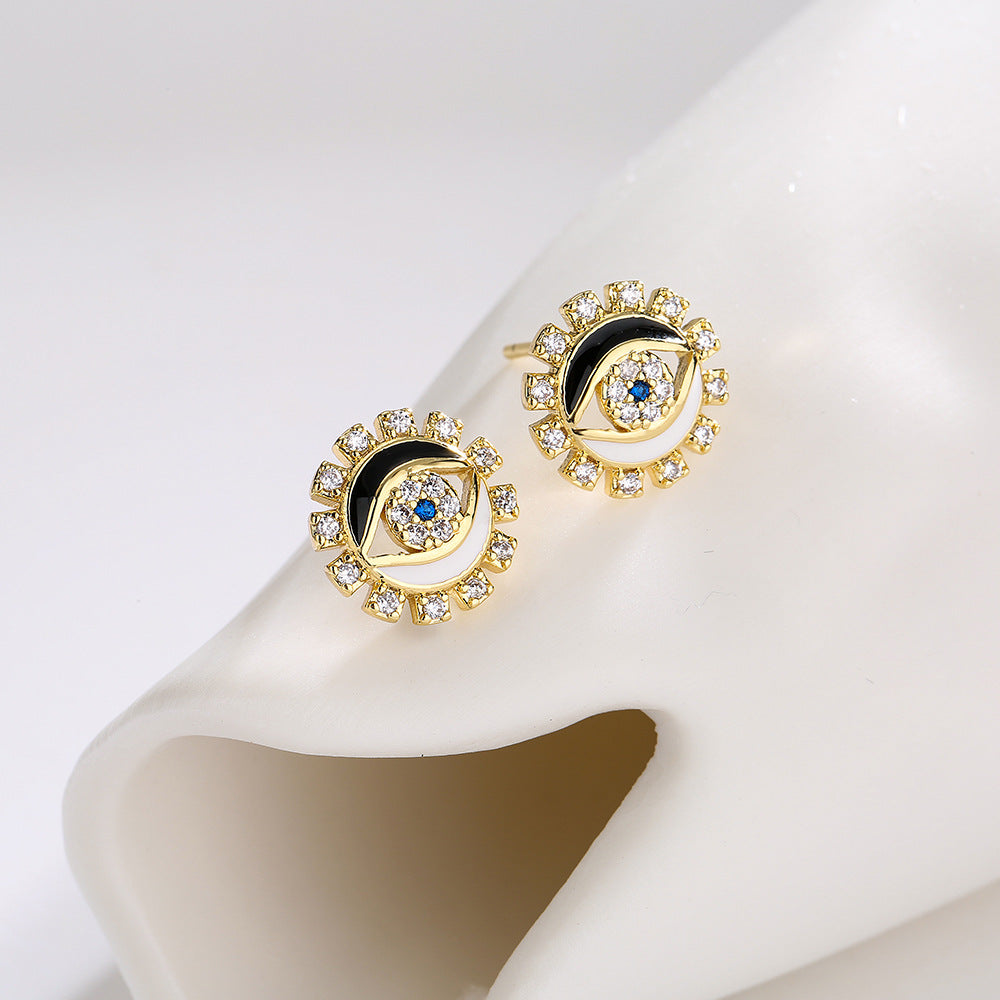 Minimalist Geometric Demon Eye Stud Earrings for Women in Copper with Enamel Finish