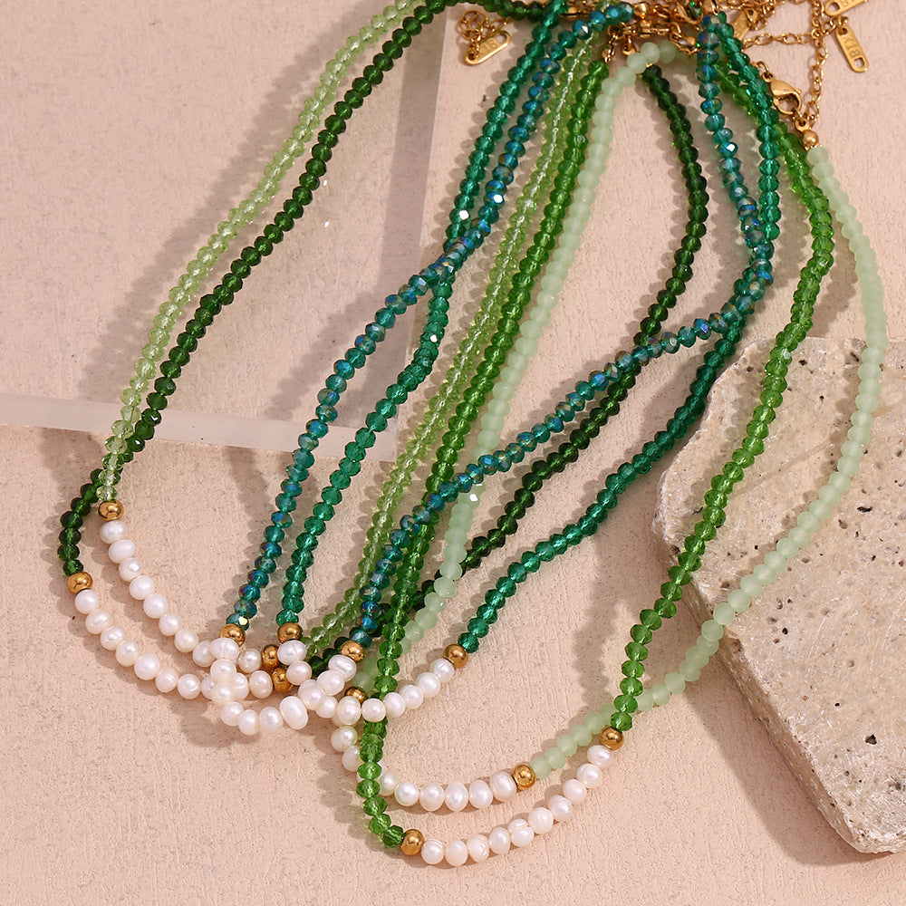 Minimalist Geometric Stainless Steel Pendant Necklace with Ten Freshwater Pearls and Green Faceted Crystals, Electroplated Finish