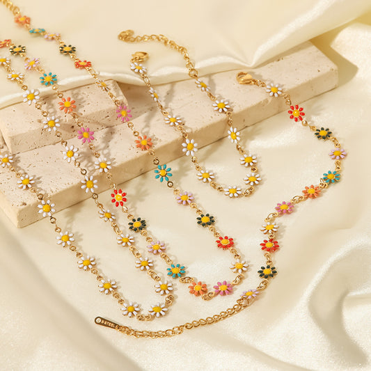 Trendy Geometric Daisy 18K Gold Plated Titanium Steel Multi-Layer Necklace and Bracelet Set