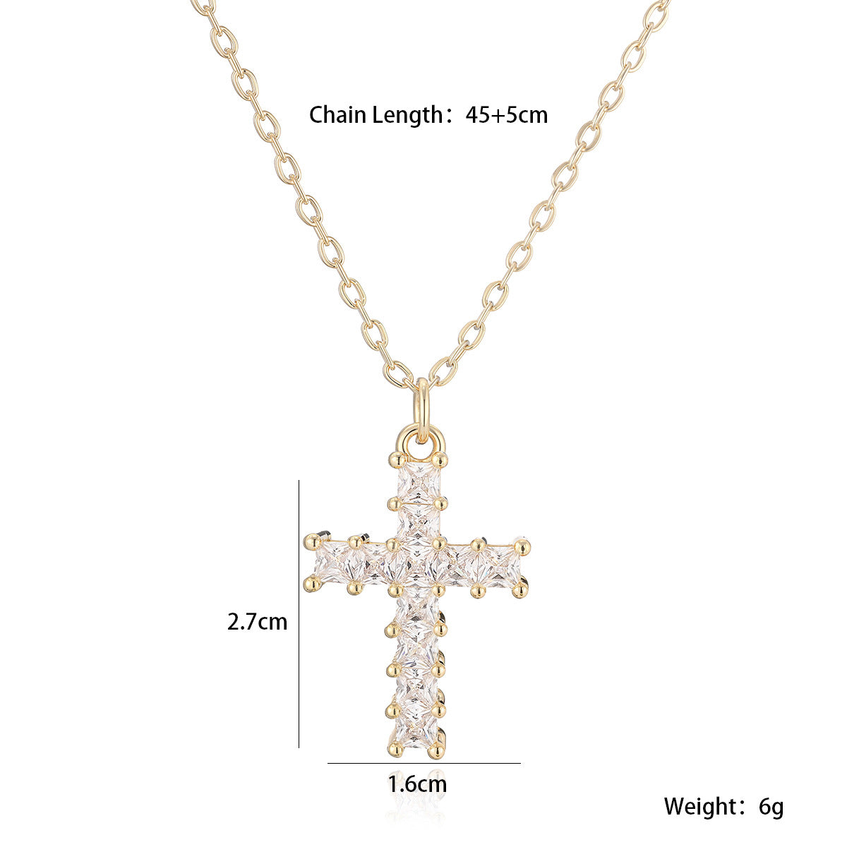 Minimalist Luxury 18K Gold Plated Brass Cubic Zirconia Cross Pendant Necklace for Women