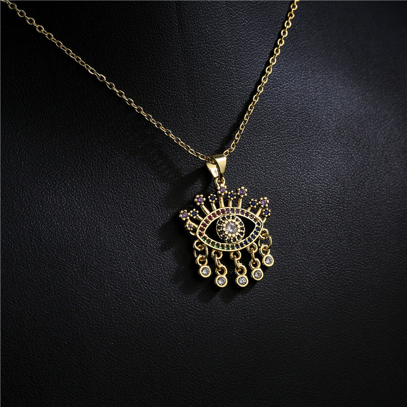 18K Gold Plated Geometric Eye Pendant Necklace with Cubic Zirconia Inlay for Women