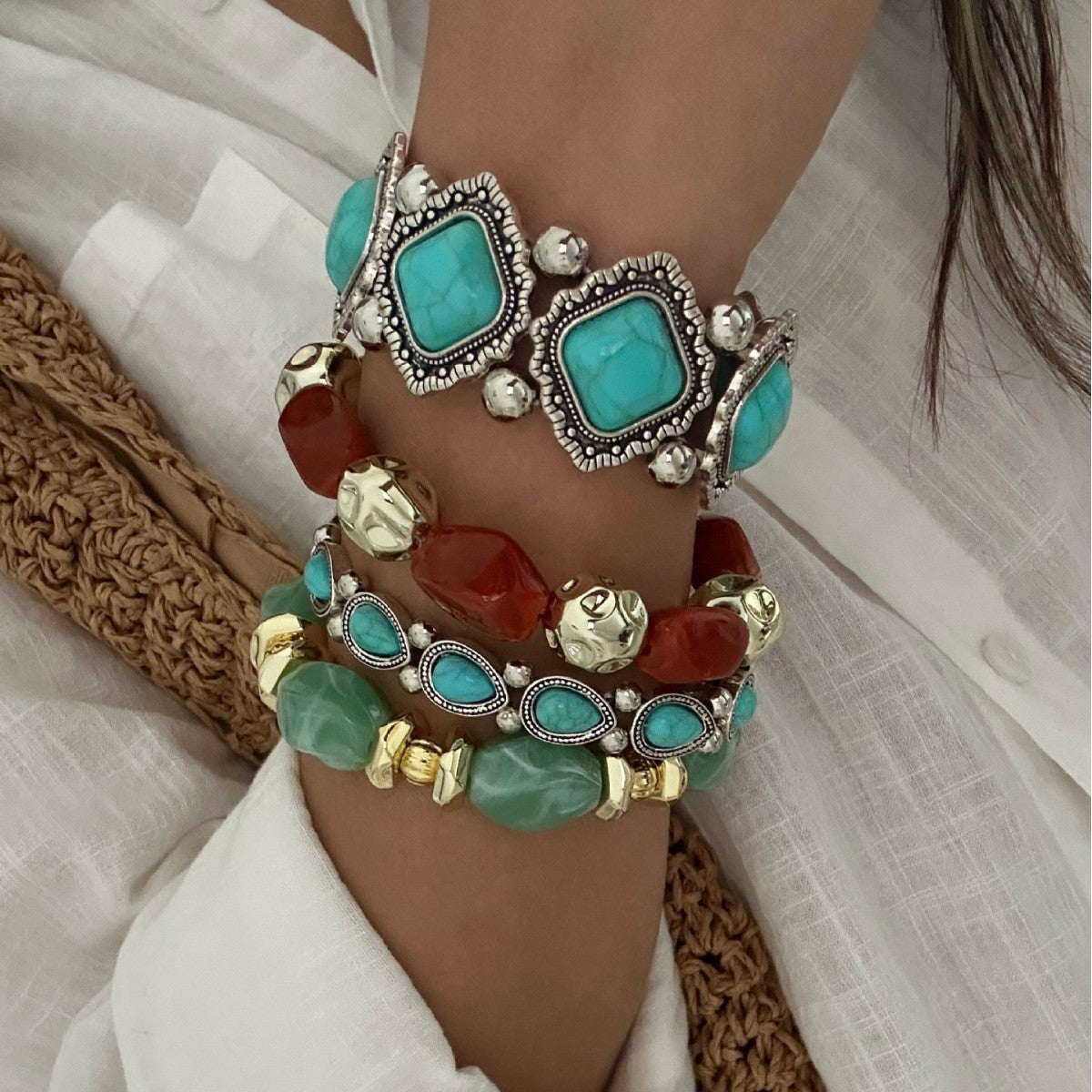 Bohemian Vintage Geometric Turquoise Inlay Plated Alloy Bracelet for Women